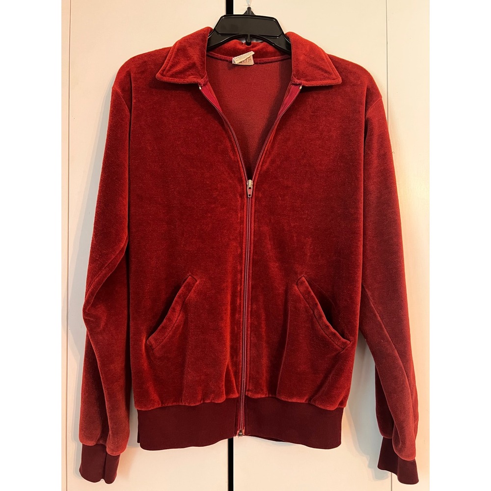 VTG Campus Velour Track Jacket Mens M Rust Orange Zip Up 70s Made in USA Disco